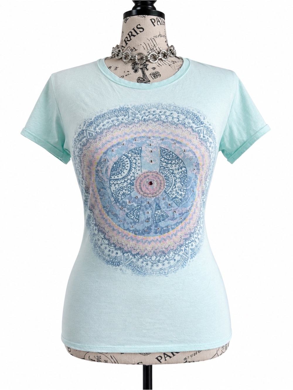 Lucky Brand Light Mint Short Sleeve Tee with Blue Pastel Mandala Peace Graphic